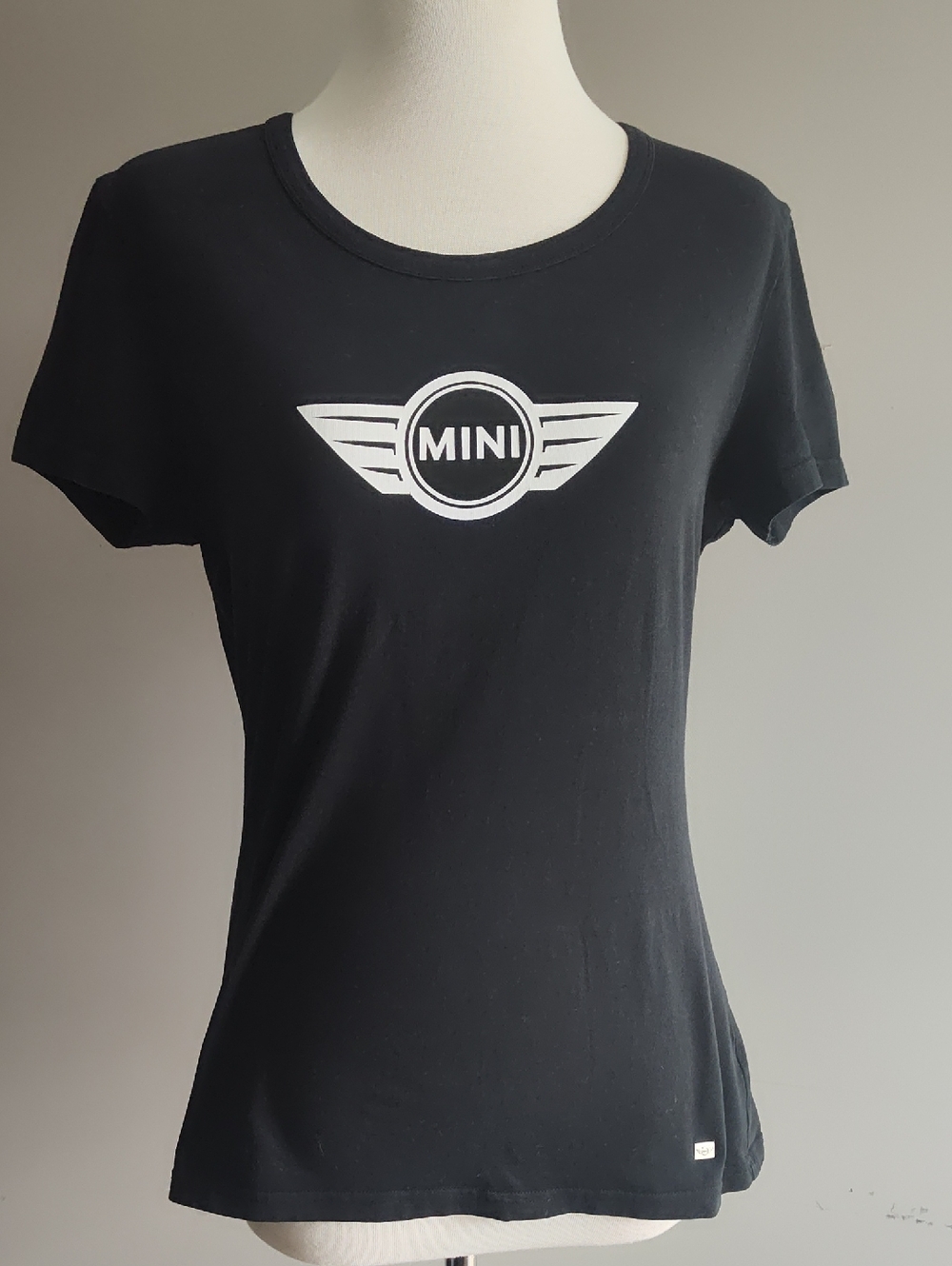 Women's Black Mini Cooper Tee With White Logo Short Sleeves